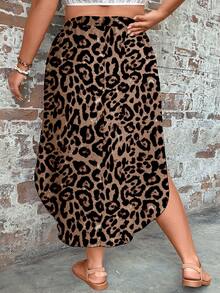 SHEIN LUNE 大码弧形下摆休闲裙，百搭豹纹简约设计，适合夏季 - 彩色 - 查看 2