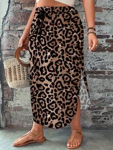 SHEIN LUNE 大码弧形下摆休闲裙，百搭豹纹简约设计，适合夏季 - 彩色 - 查看 5