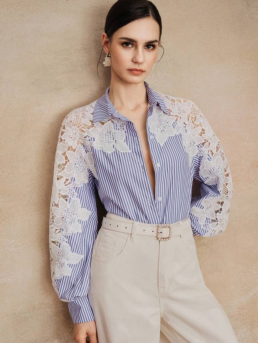 Anewsta Women's New European Version Spring/Summer/Autumn Embroidered Patchwork Blue And White Striped Long Sleeve Shirt - Blue and White - View 1