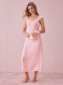 Bonmuse Women's Floral Jacquard Knit Nightgown With Ruffle Trim And Bow Decor Bountiful Floral Splendor Cozy And Elegant Detailsfor Summer - Pink - View 5