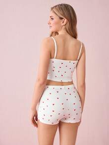 SHEIN Heart Print Bow Front PJ Set / Pajama Set White Set - White - View 2