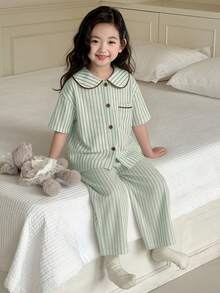 DAZY Piyama Set Musim Panas untuk Anak Perempuan Motif Garis-garis, Atasan Lengan Pendek Kerah Peter Pan dan Celana - Hijau - View 3