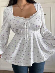 Sunnyshic Große Größen Quadratischer Kragen Volant Patchwork Blümchen Lange Puffärmel A-Linie Elegantes Vintage Lässig Süßes Party T-Shirt für Frauen - Weiss - Übersicht 6