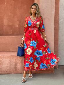 Selianne 女士优雅时尚通勤休闲舒适迷人复古简约浪漫假日泡泡短袖V领数码定位花卉收腰A字连衣裙（随机印花） - 紅色 - 查看 4