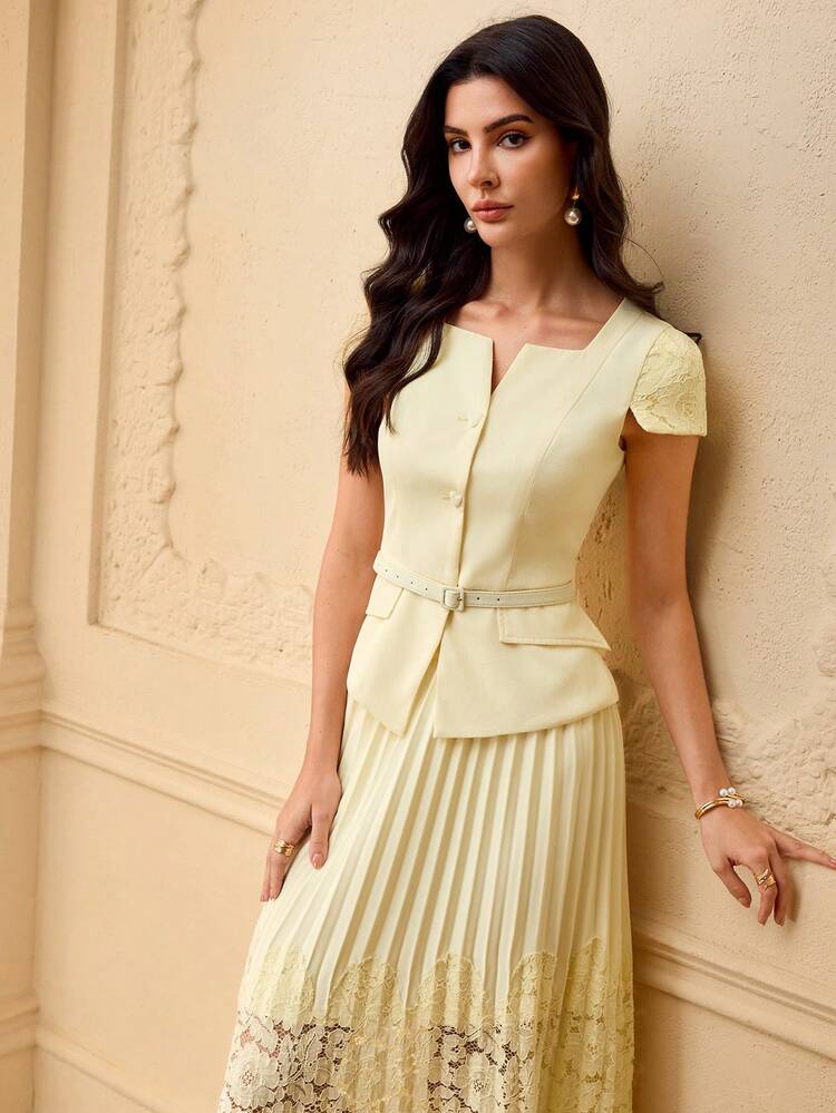 ZEYLAH Women's Elegant Solid Color Top With Lace Panel And Pleated Skirt 2Pcs Set