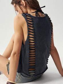 Bohemela Boho Spring/Summer Outfits, Vintage Women's Vacation Beach Bohemia Casual Music Festival Print Knit Loose Fit Tank Top, With Cut Out Detail, Casual Vacation, Western Country Style Concert Party Outfits, Suitable For Beach Vacation Outfit & Daily Wear & Back To School & Going Out Outfits & Party Outfits, 2000s Outfits, Y2k Clothes, Summer Holiday Outfits,Summer Top - Black - View 8
