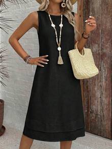 EMERY ROSE Casual Solid Color Round Neck A-Line Summer Dress, Women Summer Dress,Casual - Black - View 7