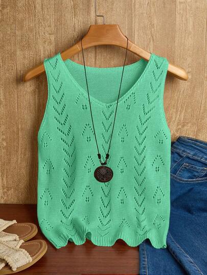 EMERY ROSE Women's Solid Color V-Neck Hollow Out Casual Sleeveless Knit Top Crochet Tank Top Sleeveless Sweater Knit Tank Top Sweater Tank Top Summer Tops Women Knit Tops