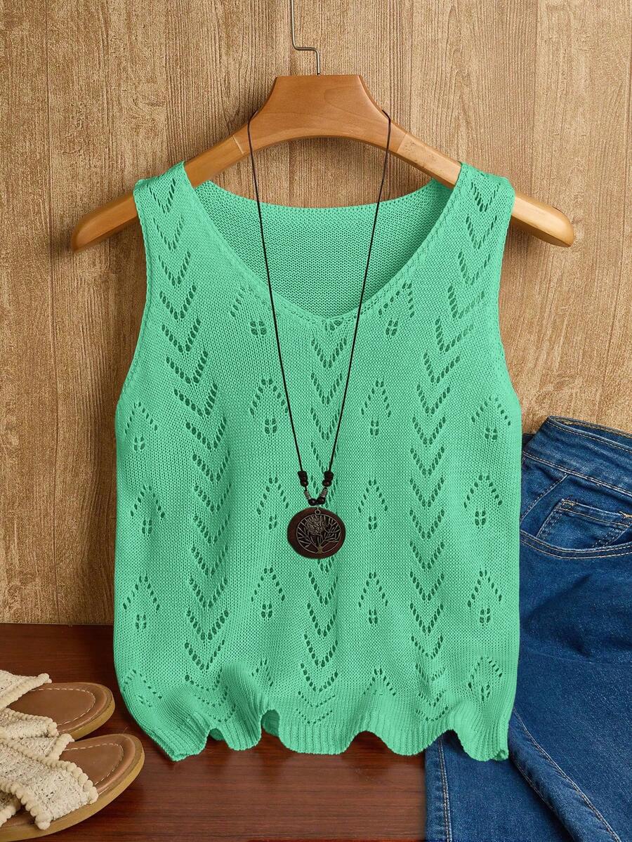 EMERY ROSE 女士纯色V领镂空休闲无袖针织上衣 - 薄荷綠 - 查看 1