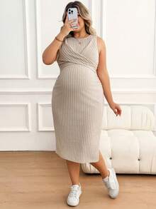 Plussiva Đầm ôm dáng không tay, xẻ tà bên hông, màu trơn, dành cho phụ nữ mang thai cỡ lớn, thích hợp cho mùa hè. - Màu be - Xem 7