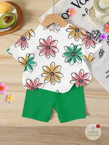 2pcs/Set Young Girls' Casual Fresh Sunny Green Outfit, Short Sleeve T-Shirt And Tight Shorts Set, Green Leggings Shorts, Suitable For Spring/Summer Girls Aged 4-7, Green/Pink/Yellow Printed T-Shirt, Not Only Comfortable But Also Fashionable, With Soft And Skin-Friendly Material, Minimalist Yet Stylish Design To Make Your Child The Spotlight In Summer - Multicolor - View 3