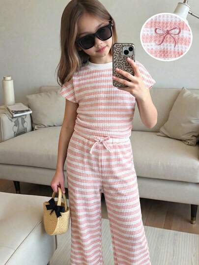 Emery Rose Kids 2pcs Young Girl Striped Crew Neck Pleated Casual T-Shirt And Pants Set  Young Girl Casual Vacation Elegant Striped Jacquard Knit Form-Fitting Shirred Short Sleeve Top And Matching Pants Set Striped Outfit Set Outfits Sets Black And White Outfit Set Striped Two Pieces Set Striped Pants Striped Top Young Girl Sets Young Girl Summer Outfits Young Pant Set Spring And Summer Striped Short Sleeve Suit Pink And White Striped Suit, Casual Suit