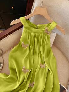 GlowEve CURVE Plus Size Woven Butterfly Decor Elegant Romantic Blouse, Suitable For Date, Vacation, Casual Outdoor, Sunny Beach Butterfly - Olive Green - View 3