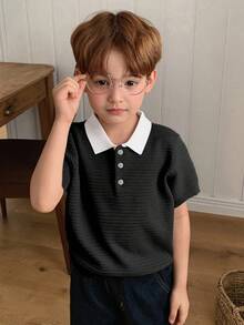 DAZY Young Boy Colorblock Polo Collar Short Sleeve Casual Sweater Summer - Black - View 3