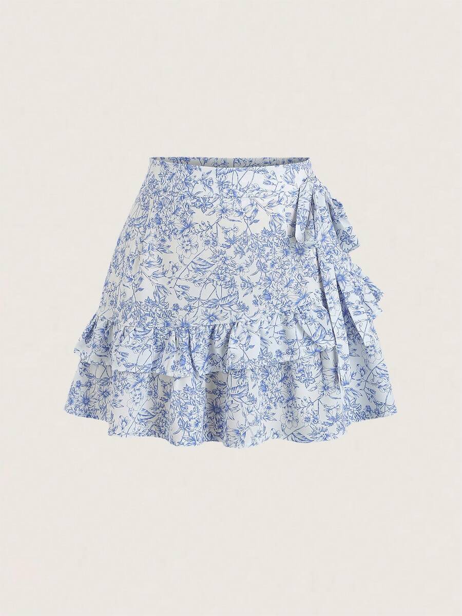 Olithes Falda de mujer casual de vacaciones de primavera/verano, estilo dulce de niña, diseño de volantes irregulares multicapa, plisada, con lazo en la cintura - Azul - Ver 1