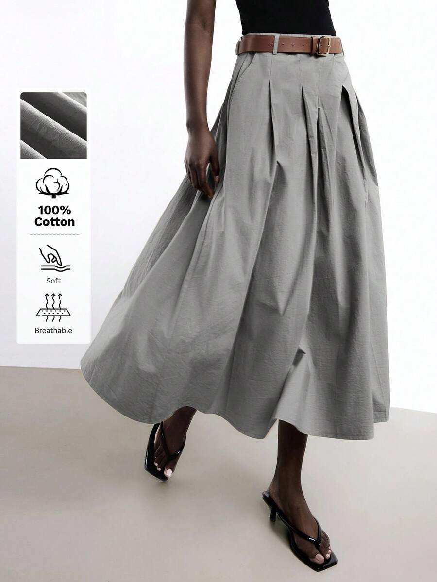 Maija 新款春夏灰色褶裥侧袋可拆卸PU皮金属腰带喇叭裙，优雅嘉年华派对情人节装扮 - 灰色 - 查看 1