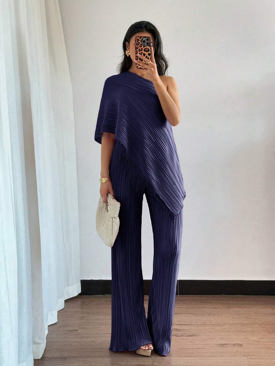 Elenzga 女士纯色不对称下摆上衣和喇叭裤休闲套装 - 藏蓝色 - 查看 1