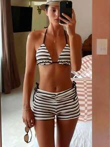 Swim Vcay 女士休闲度假沙滩派对极简挂脖条纹比基尼泳装，春夏款，情人节，复古风 - 彩色 - 查看 1