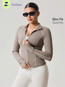 OutZeal Gym Top Women Sports Jacket Solid Color Yoga Casual Running Quick-Dry Slim Fit Stand Collar Zip Up Active Tops Summer Spring - Volcanic Gray - View 1