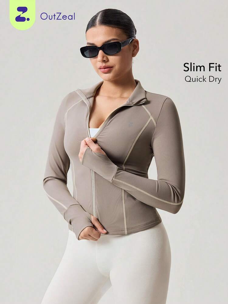 OutZeal Top de gym pour femmes Veste de sport Couleur unie Yoga Décontracté Course Séchage rapide Coupe slim Col montant Zip Hauts actifs Été Printemps - Volcanic Gray - Voir 11