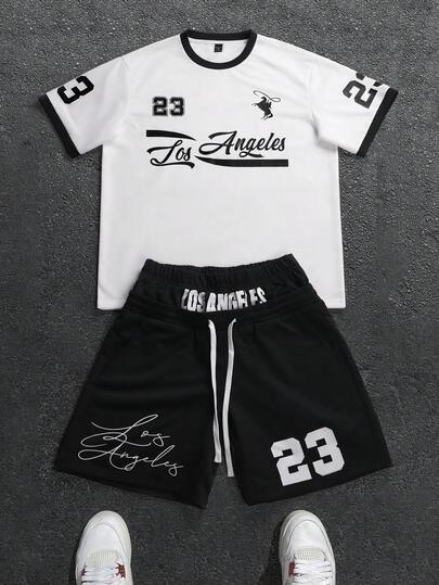 PAVTROS 男士字母印花短袖T恤和抽绳腰短裤休闲套装