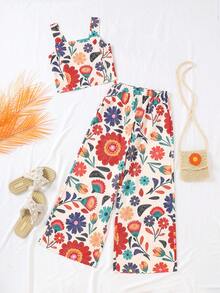 Tween Girls' Floral Print Sleeveless Top And Wide Leg Pants Casual Outfit - Multicolor - View 5