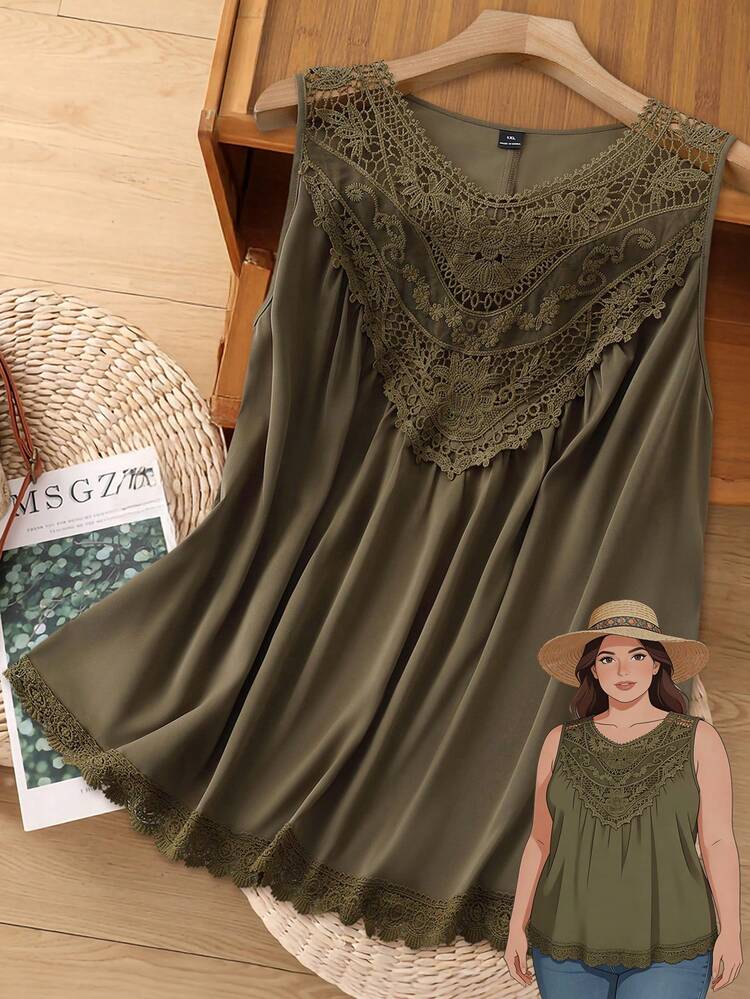 Plus Size Women Lace Patchwork Casual Versatile Daily Wear Top/Summer/Vacation,Spring Clothes Women,Beach Vacation Outfits For Women,Going Out Tops For Women,Vacation Outfits Women, Peplum Top,Green Top Boho Tops Plus Size Boho Women's Tops Bohemian Tops For Women Olive Green Top Plus Size Tops Boho Women's Clothing Tops Plus Size Boho Tops Boho Tops For Women Summer Tops For Women Elegant Lace Tops For Women Bohemian Clothes For Women Boho Chic Women's Clothing Women's Tops For Summer Women's Vest Tops Summer Tops Women Holiday