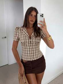 Siren Gaze Chemise décontractée vintage à manches bouffantes et boutons devant à carreaux pour femmes, été - Multicolore - Voir 8