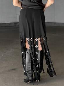 Kuleshova 女士拼接镂空流苏下摆时尚A字裙 - 黑色 - 查看 2