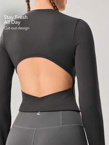 OutZeal 女士运动T恤 日常休闲速干弹力露背镂空设计圆领修身运动上衣 - 灰色 - 查看 3