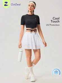OutZeal Áo tập thể dục nữ ngoài trời màu đen trơn, mùa hè xuân, yoga, phong cách thường ngày, thoáng mát, chống tia UV, dáng ôm, thiết kế thắt eo, áo croptop ngoài trời. - màu đen - Xem 8