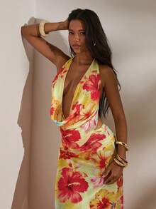 Opulessa 春夏度假针织印花垂褶领连衣裙（女款） - 黃色 - 查看 3