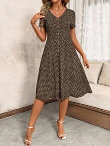 SHEIN Clasi V领纽扣红色波点收腰女式连衣裙，春季服装，情人节连衣裙 - 棕色 - 查看 6