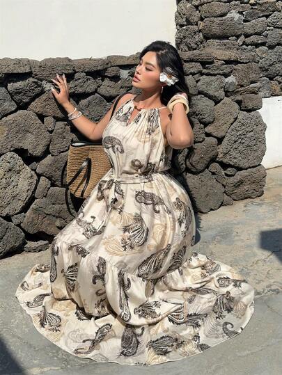 Sunnyshic 大码竹编印花圆领系腰短袖休闲度假摆裙