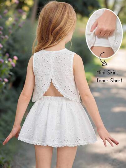 SHEIN Young Girl Woven Embroidered Solid Color Round Neck Asymmetrical Lace Hem Casual Top And Mini Skirt 2 Pieces Set,Cute & Elagant & Sweet & Vintage & Fashionable. Mom And Daughter & Sisters Matching Style Matching , Vacation , Holidays, ,School Daily Wear, Home Family Gatherings And Special Occasions, Spring/Summer.