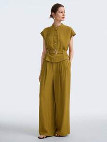 Aalyst 女士短袖系带上衣+宽松阔腿裤休闲两件套 - 黃色 - 查看 4