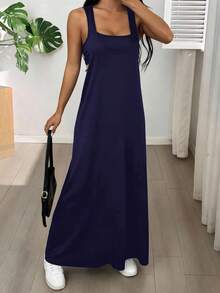 SHEIN EZwear Women's Asymmetric Neckline Sleeveless Casual Dress, Summer Dress With Built-In Bra, Navy Blue Vacation Dress, Navy Blue Summer Dress, Casual Navy Blue Dress - Navy Blue - View 5