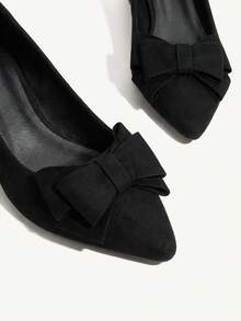 CUCCOO CHICEST Women Bow Decor Point Toe Chunky Heeled Pumps, Elegant Black Faux Suede Court Pumps For Summer Graduation Heels Prom Heels Vacation Shoes Summer Spring Shoes Spring Break Easter For Christmas Elegant Shoes Wedding Shoes Spring Shoes Bride Shoes - Black - View 4