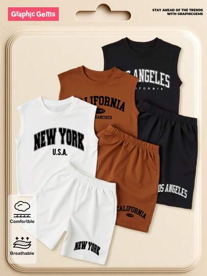 SHEIN GraphicGems Set de 6 piezas Conjunto casual de chaleco sin mangas con estampado de letras y pantalones cortos para niños pequeños, 1 set en blanco, 1 set en marrón, 1 set en negro, estilo minimalista de ropa urbana adecuado para deportes al aire uso diario, primavera verano otoño