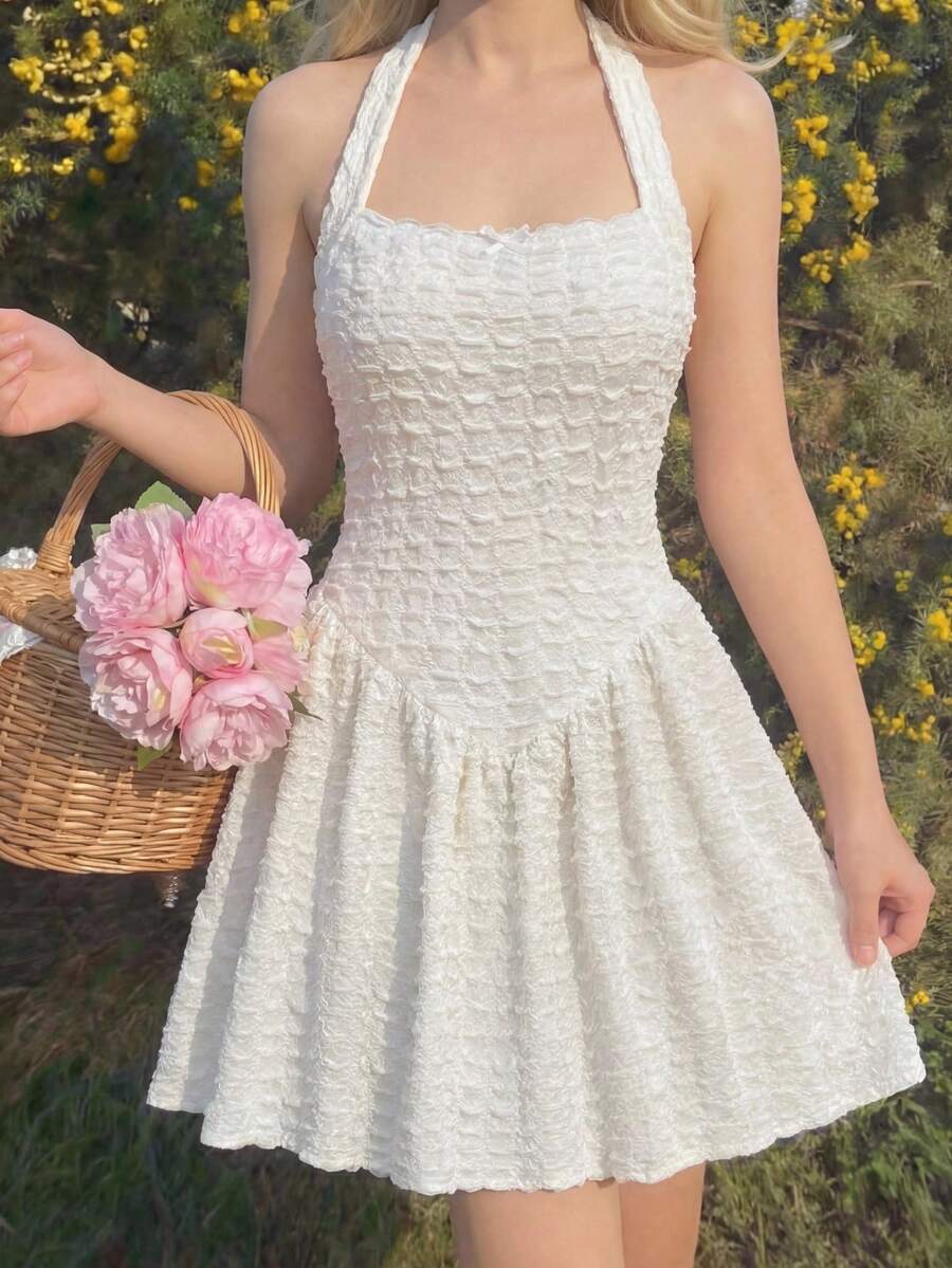 SHEIN Vestido de fiesta y salida de moda con cuello de volantes y decoración de lazo de unicolor para niña preadolescente - Blanco - Ver 1