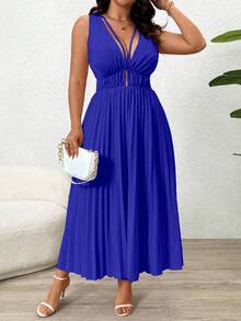 SHEIN Clasi Đầm maxi dài không tay, màu trơn, buộc dây sau, xếp ly, khoét lỗ dành cho nữ, cỡ lớn. - Xanh đậm - Xem 3