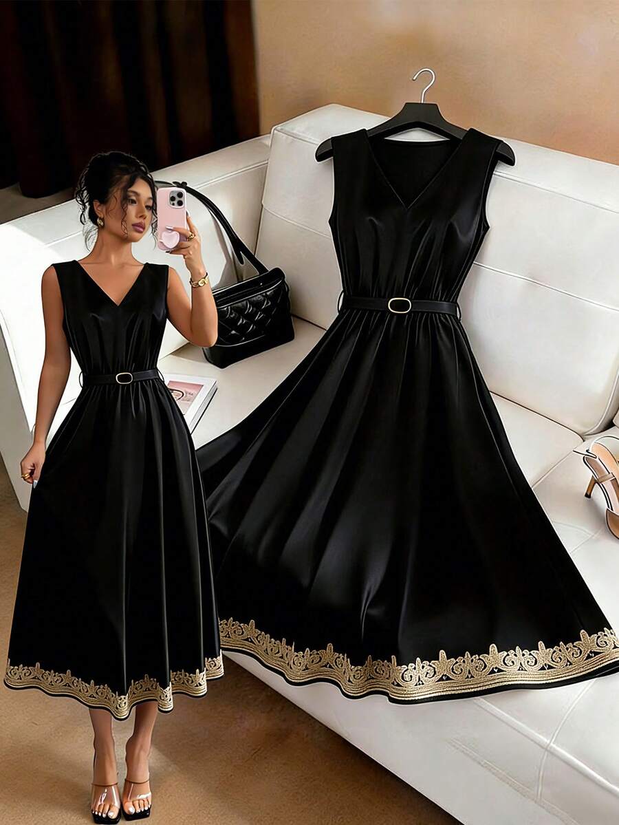 GlowEve Women's Black Satin V-Neck Sleeveless Metal Buckle Tie Waist A-Line Hollow Floral Lace Trim Little Black Dress, Elegant And Fashionable Spring/Summer - Black - View 1