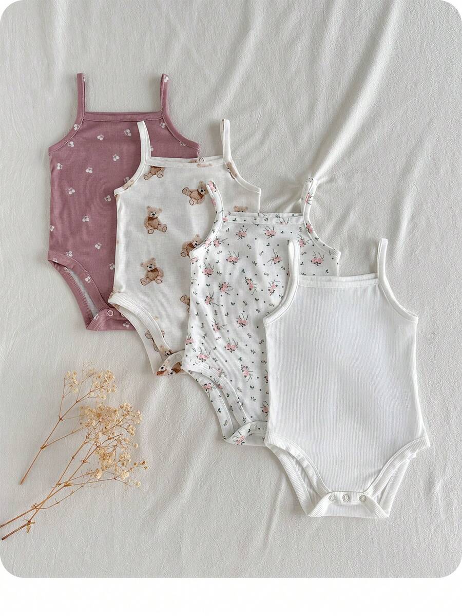 4-Piece Cute Baby Girl Casual Simple Knitted Solid Color Camisole With Open Crotch-Perfect For Spring And Summer Floral Clothes Bodysuits - Multicolor - View 1