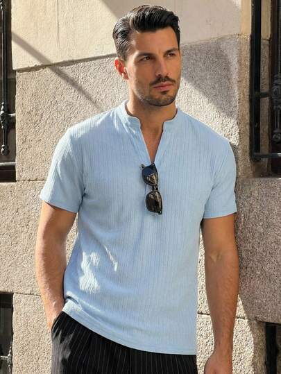 HIMLAND Men's Solid Color Stand Collar Casual Versatile Daily Wear Short Sleeve Shirt