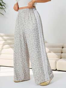 Solflare Pantalones de mujer talla grande con estampado de leopardo y bloques de color a rayas - Multicolor - Ver 3