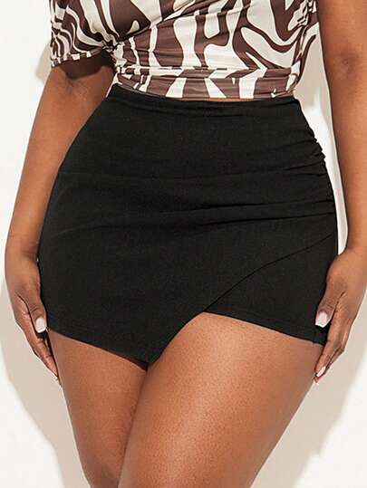 Radiana Plus Size Women's Solid Color Fitted Asymmetrical Hem Fashionable Versatile Shorts