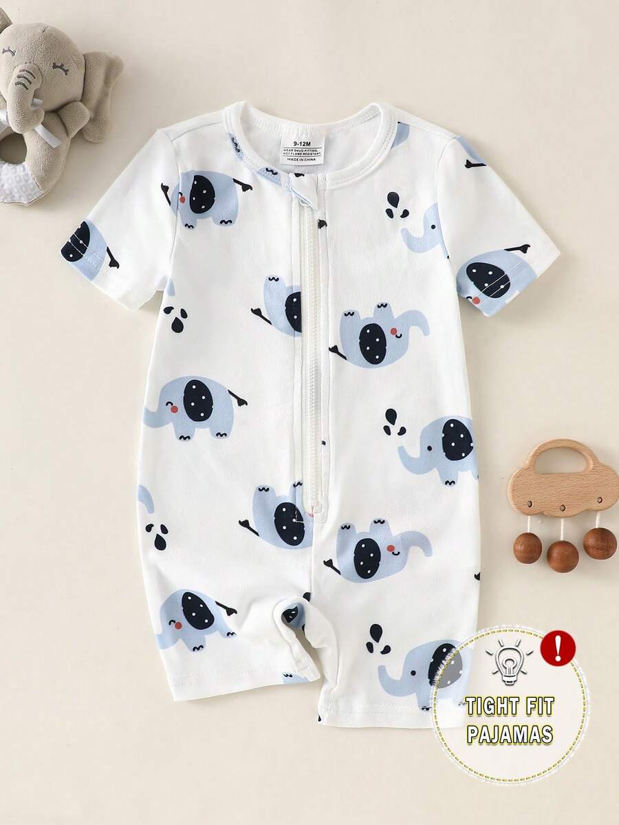 Bộ áo liền quần màu trắng thoải mái cho bé trai sơ sinh/trẻ nhỏ, in hình voi dễ thương khắp áo, co giãn tốt, thích hợp cho mùa hè. - trắng - Xem 1