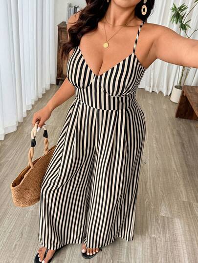 Weeklong Plus Size Women's New Elegant Casual Striped Backless Bow-Tie Design Jumpsuit, Spring/Summer