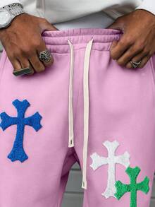 PAVTROS Men's Drawstring Waist Cross Embroidery Casual Sweatpants - Pink - View 2
