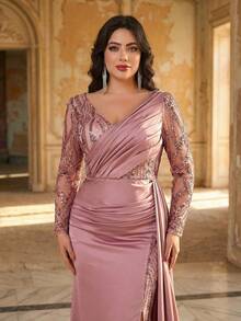 Aureia Plus Size Elegant Dusty Pink Sequin Satin Gown,Spring Formal Evening Prom Dress With Sheer Long Sleeve,V-Neck Ruched Fishtail Hem Wedding Party Gown - Dusty Pink - View 5